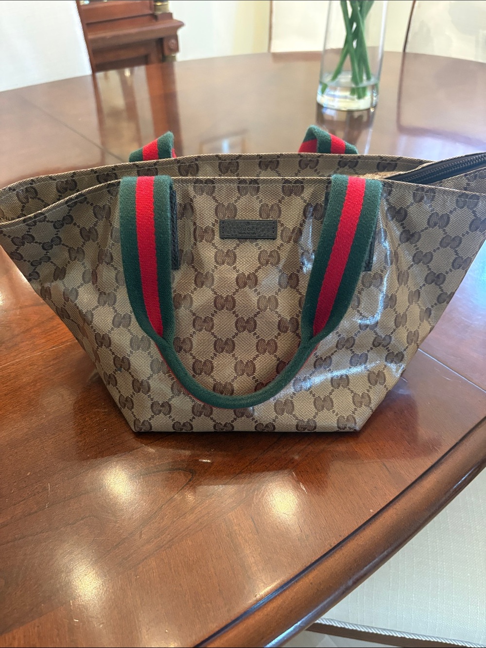 Gucci Brown GG Supreme Canvas Tote with Green and Red Web Handles